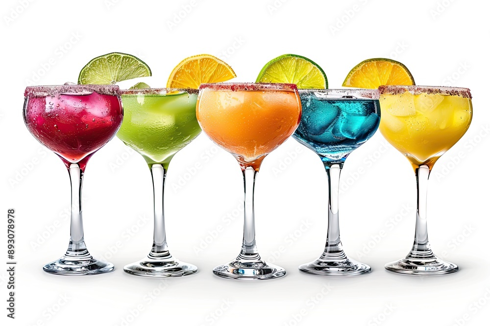 A row of five colorful cocktails with sugar rims and fruit garnishes isolated on a white background A row of five colorful cocktails with sugar rims and fruit garnishes isolated on a white background