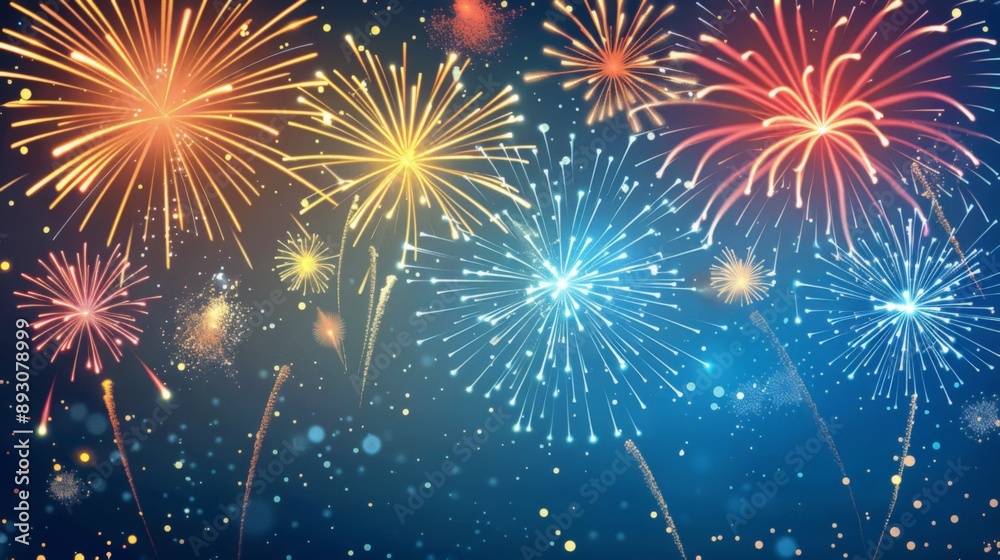 Naklejka premium A vibrant display of fireworks lighting up the night sky in a festive New Year celebration.