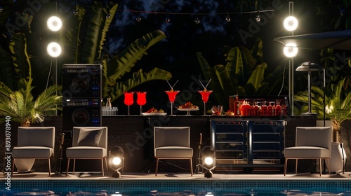 Luxury pool party setup featuring light grey minimalist chairs, red cocktails, gourmet food stall, and a top-tier black music system illuminated by large flash lights in the night photo