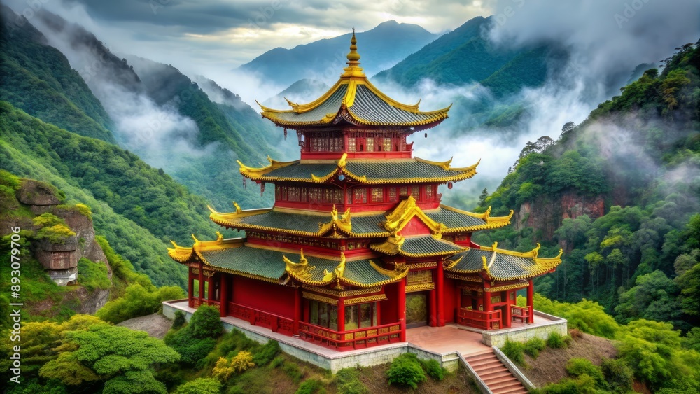 Naklejka premium Vibrant intricately carved red walls and golden accents adorn ancient ornate Chinese temple surrounded by lush green misty mountain landscape.