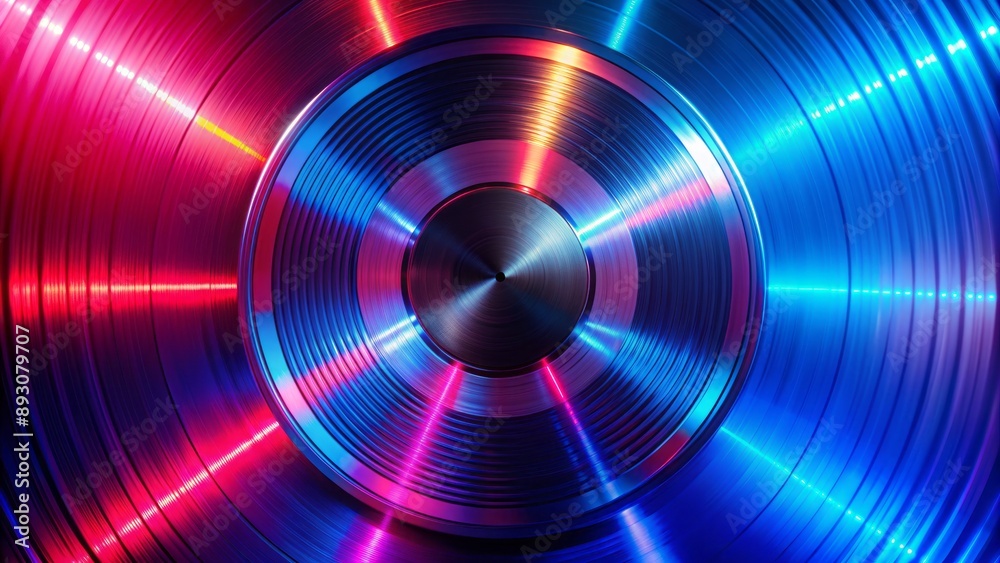 shiny vinyl record illuminated by blue and red neon lights on a vibrant, abstract background with copy space. shiny vinyl record illuminated by blue and red neon lights on a vibrant, abstract background with copy space.
