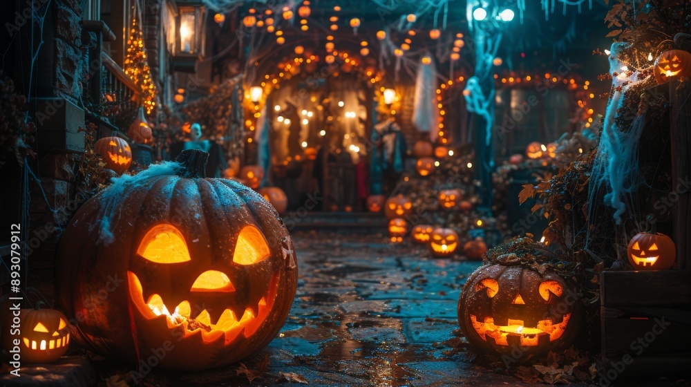 Halloween Decorations Are Lit up in an Alleyway With Jack O Lanterns Carved Into Pumpkins - Generative AI Halloween Decorations Are Lit up in an Alleyway With Jack O Lanterns Carved Into Pumpkins - Generative AI