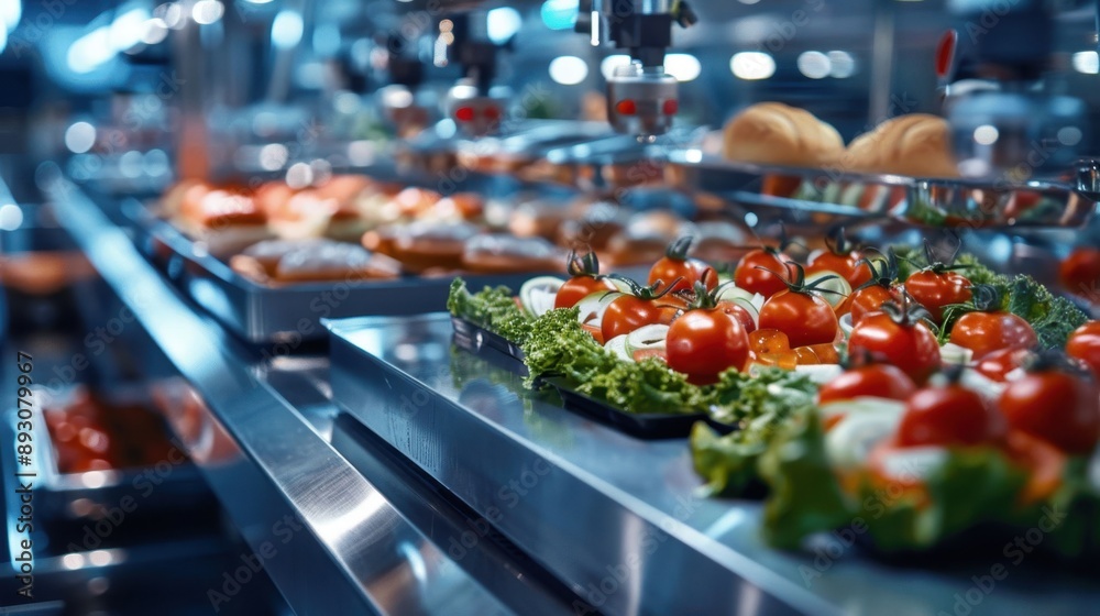 A restaurant with a variety of food, including a salad with tomatoes and lettuce A restaurant with a variety of food, including a salad with tomatoes and lettuce