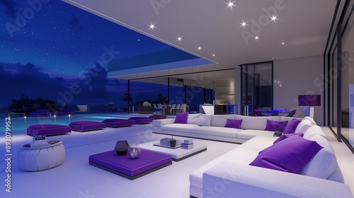 Luxury pool villa living room with night sky view, featuring a modern white sofa and violet accents. photo