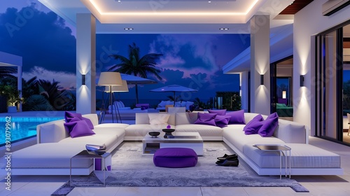 Luxury pool villa living room with night sky view, featuring a modern white sofa and violet accents. photo