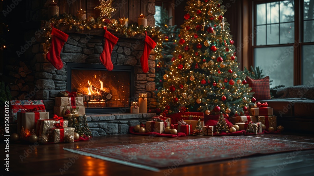 Obraz premium A Fireplace With a Christmas Tree in Front of It and Presents on the Mantel - Generative AI