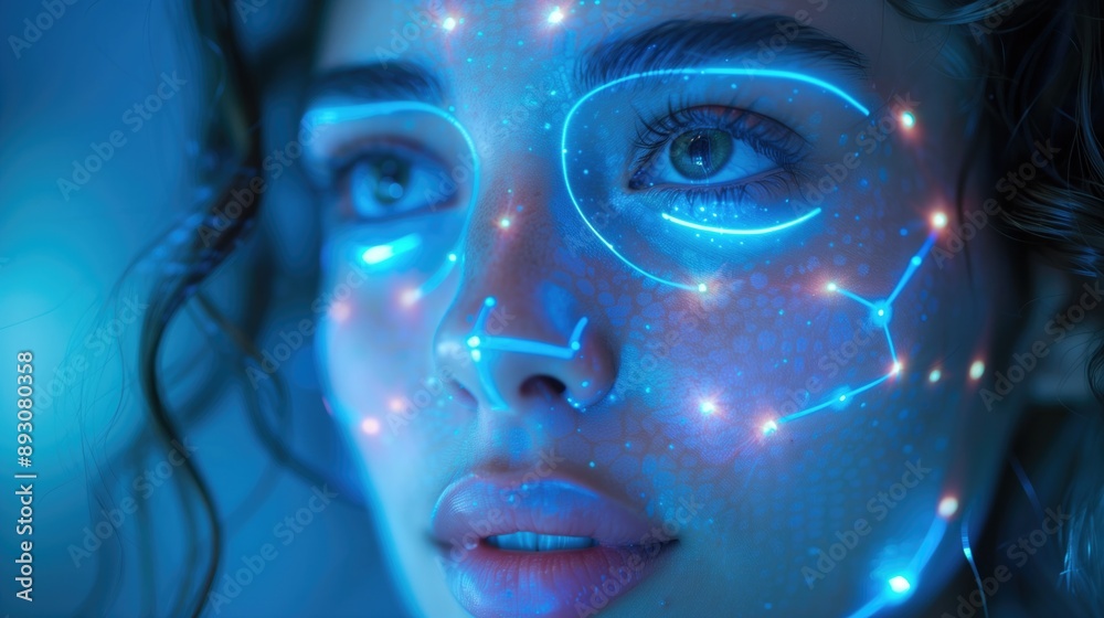 Facial Recognition. A close-up of a person's face being scanned by a facial recognition system at an airport or security checkpoint Facial Recognition. A close-up of a person's face being scanned by a facial recognition system at an airport or security checkpoint