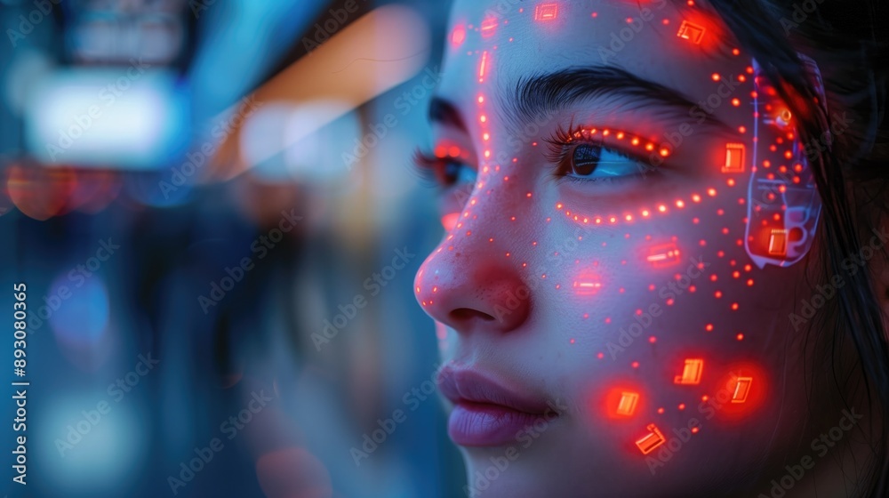 Facial Recognition. A close-up of a person's face being scanned by a facial recognition system at an airport or security checkpoint