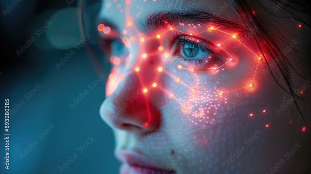 Facial Recognition: A close-up of a person's face being scanned by a facial recognition system at an airport or security checkpoint Facial Recognition: A close-up of a person's face being scanned by a facial recognition system at an airport or security checkpoint
