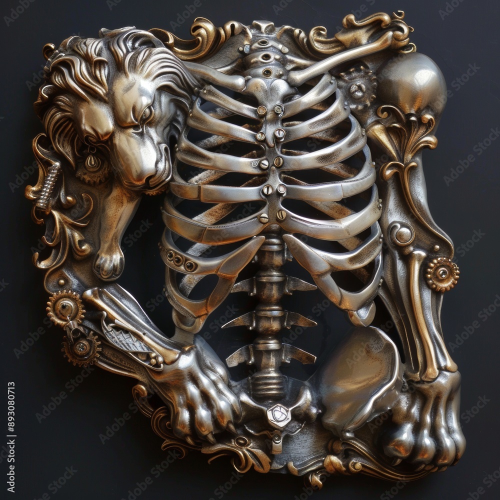Fototapeta premium Intricate Steampunk X-Ray Illustration of a Lion's Ribcage in Bronze and Silver with Mechanical Elements