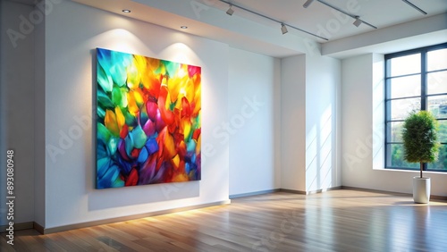 Vibrant colors of abstract art piece dominate the frame, subtle light casts shadows on minimalist white gallery walls, evoking introspection.