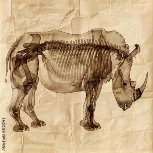 Vintage X-Ray Illustration of Rhino's Internal Organs in Sepia Tones with Detailed Texture photo