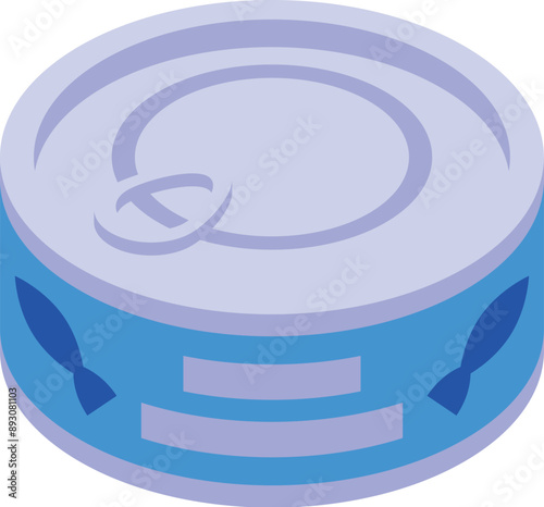 Blue aluminum can with easy open lid containing preserved fish, isolated on white background