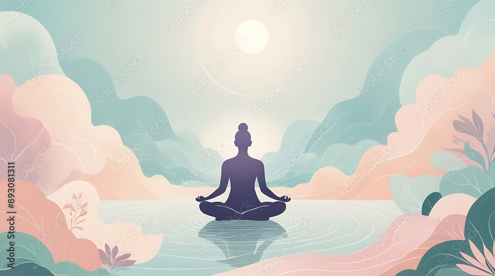 An abstract illustration of a person meditating, surrounded by calming elements like soft colors, gentle waves, and nature, with copy space. An abstract illustration of a person meditating, surrounded by calming elements like soft colors, gentle waves, and nature, with copy space.