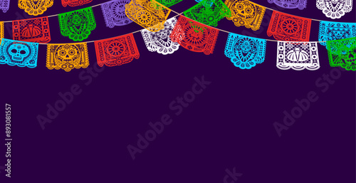 Mexican holiday background with paper cut papel picado flags. Vector Day of the Dead and Cinco de Mayo festive bunting garland of bright flags with sugar skull, Catrina Calavera and floral ornaments