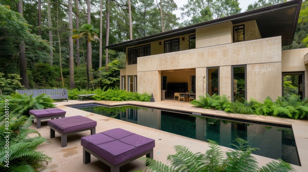 Modern beige house with a dark green pool, fern garden, and patio area featuring violet outdoor benches in a forest backdrop Modern beige house with a dark green pool, fern garden, and patio area featuring violet outdoor benches in a forest backdrop