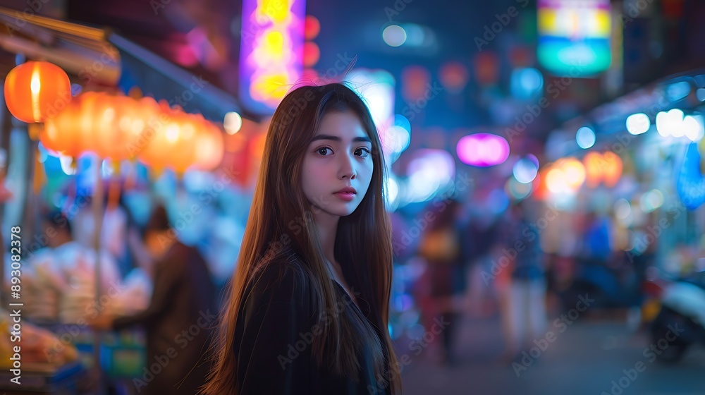 Candid Portrait of Woman in Vibrant Night Market Candid Portrait of Woman in Vibrant Night Market