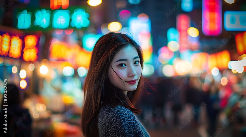 Portrait Of Woman In Vibrant City Night Lights Portrait Of Woman In Vibrant City Night Lights