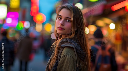 Candid Portrait Of Woman In City With Colorful Lights