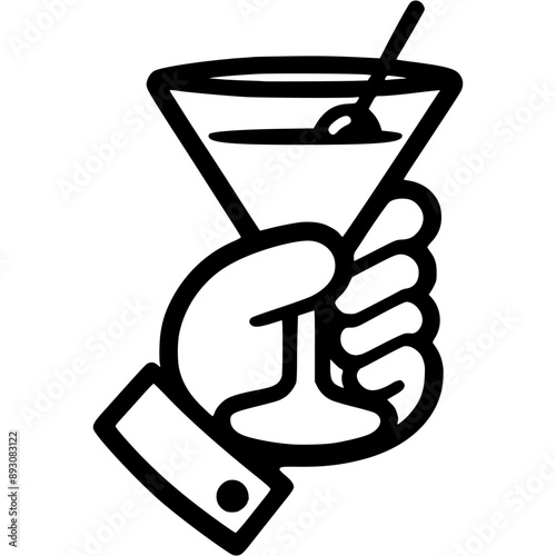Hand of visitor to establishment holds glass of martini in monochrome. Simple minimalistic vector in black ink drawing on transparent background