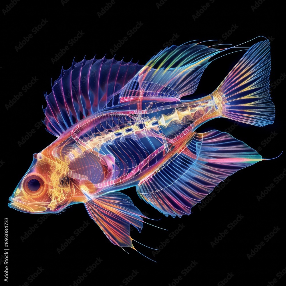 Psychedelic X-Ray Art of Fish Skeleton: Digital Hologram Effect with Abstract Patterns in Multicolor Psychedelic X-Ray Art of Fish Skeleton: Digital Hologram Effect with Abstract Patterns in Multicolor