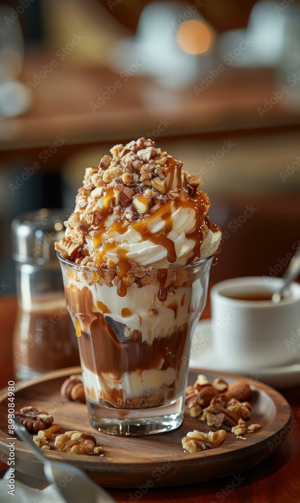 A dessert with whipped cream, caramel, and nuts. AI. A dessert with whipped cream, caramel, and nuts. AI.
