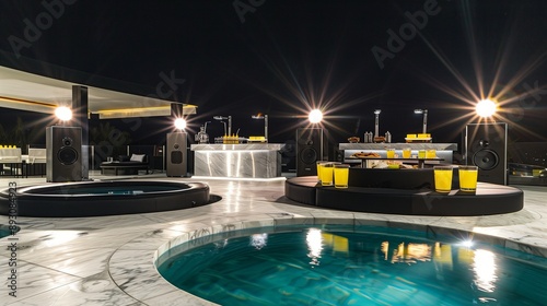 Modern poolside gathering featuring two round marble pools, black sleek sofas, yellow drinks,  photo