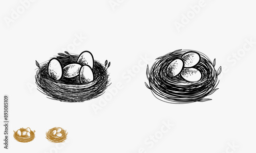 Set of Three eggs in the nest. Vintage style. Vector illustration.