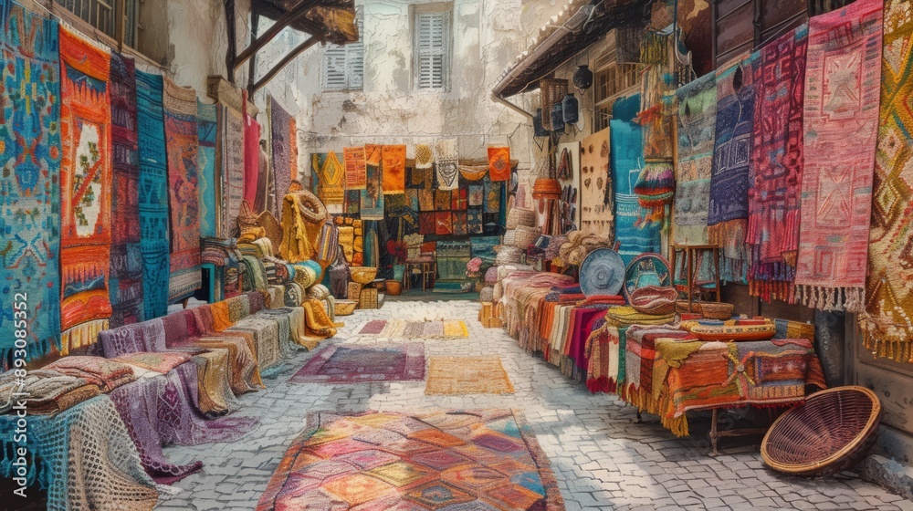 Fototapeta premium A Picture of a Room With Many Colorful Rugs and Blankets on the Floor - Generative AI