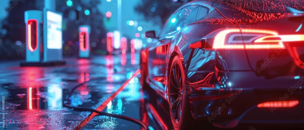 Fototapeta premium Electric car charging at a station close up, focus on, copy space Sleek metallic shades Double exposure silhouette with charging symbols