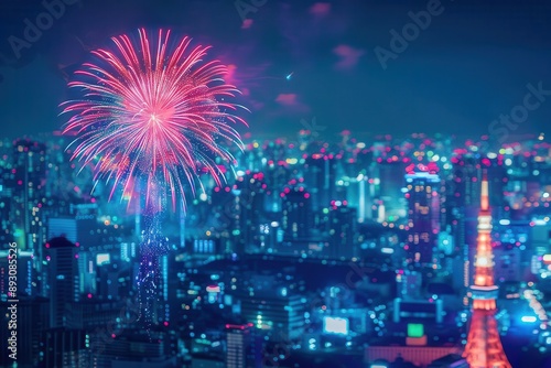 Colorful fireworks display lighting up the vibrant cityscape at night, showcasing bright lights and a festive atmosphere over the illuminated buildings. © Kedsaraporn