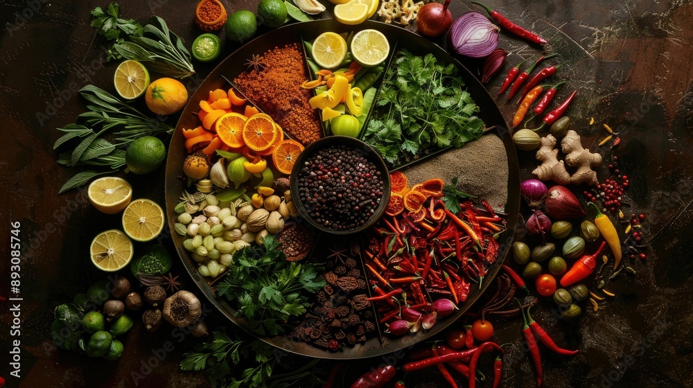 Fresh herbs and spices arranged like a color wheel Fresh herbs and spices arranged like a color wheel