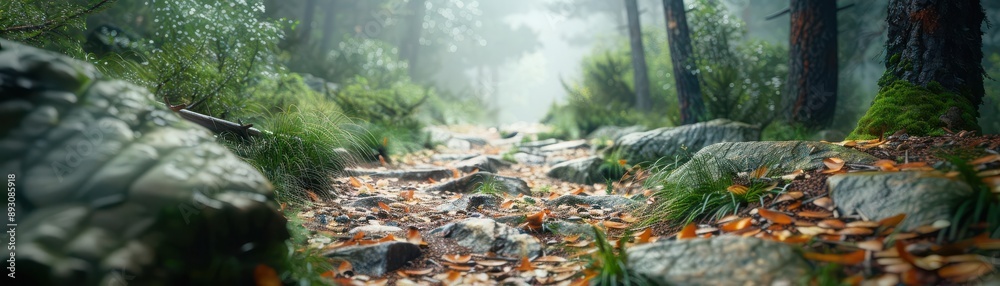 Misty forest path with fallen leaves and rocks. Misty forest path with fallen leaves and rocks.