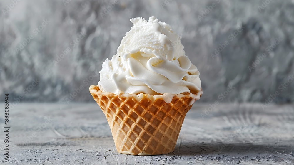 white vanilla ice cream in a waffle cup on a gray table white vanilla ice cream in a waffle cup on a gray table