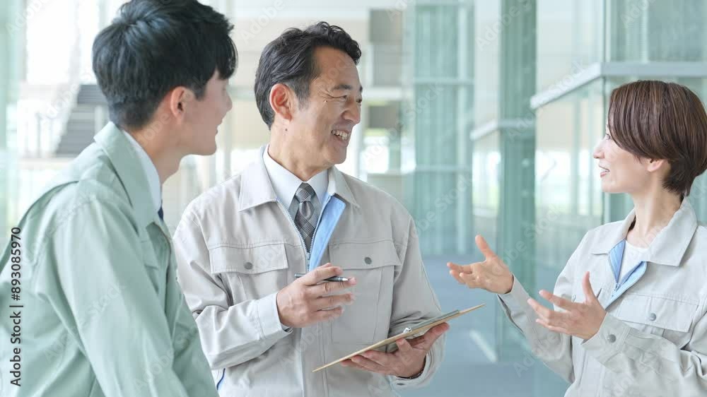 立ちながら会議をする作業着を着た男女 立ちながら会議をする作業着を着た男女