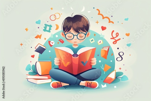 Illustration of a child reading a book with mixed-up letters, Dyslexia, Struggles with reading