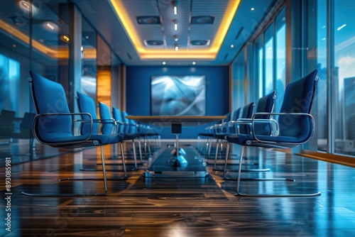 Modern office meeting room with blue chairs, a glass table and a blue abstract painting on the wall.