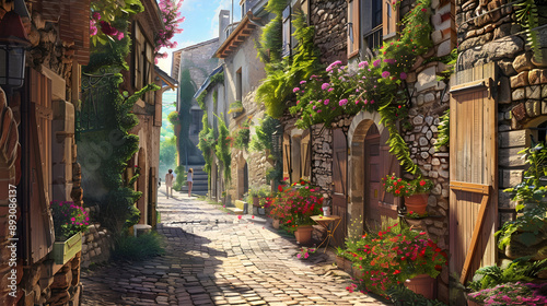 Quaint Cobblestone Street in a Historic Village with Stone Houses and Blooming Flowers Capture Timeless Charm