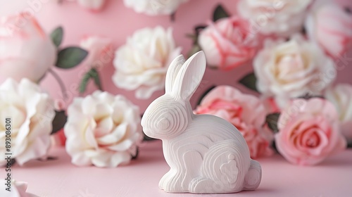 White wooden bunny on a rose background