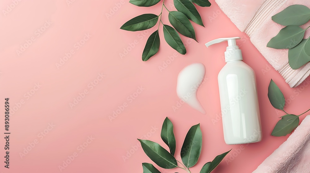 Wide banner template with deodorant bottle eucalyptus and towel on pink background Wide banner template with deodorant bottle eucalyptus and towel on pink background