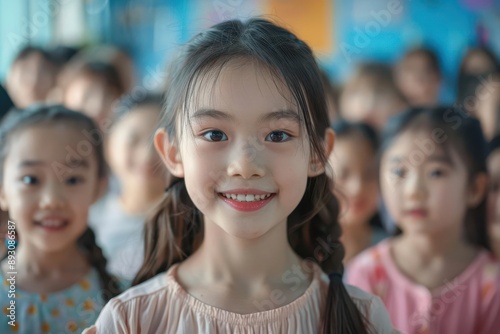 Smiling young girl in a classroom, surrounded by other children.