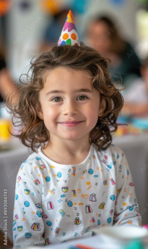 A young girl smiles while wearing a birthday hat. AI. A young girl smiles while wearing a birthday hat. AI.