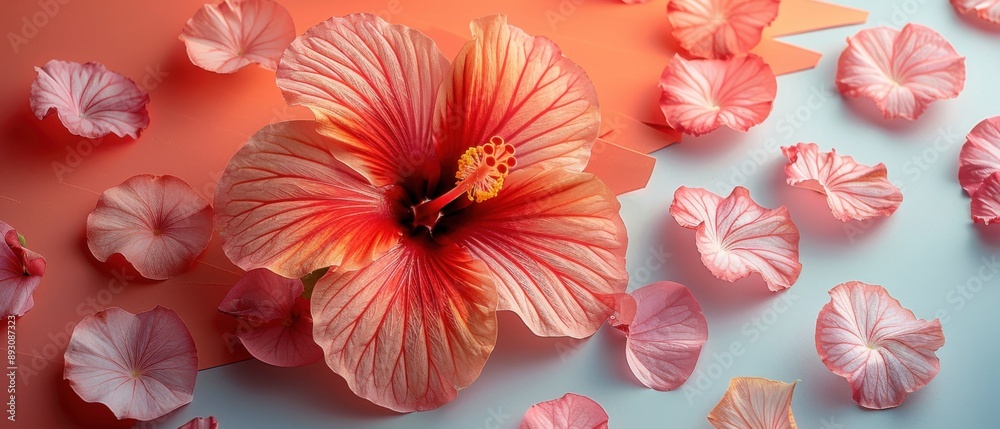 Vibrant Pink Hibiscus Flower with Petals on Colorful Background Vibrant Pink Hibiscus Flower with Petals on Colorful Background