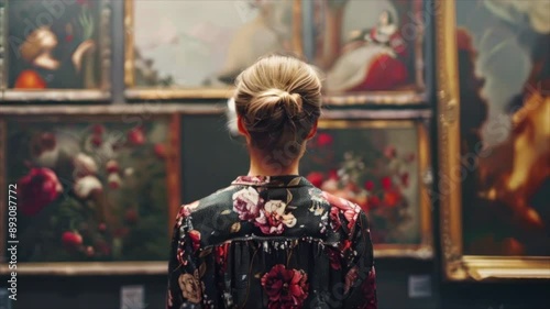 Back view of elegantly dressed woman in classical art gallery. Lady looking at old paintings in museum