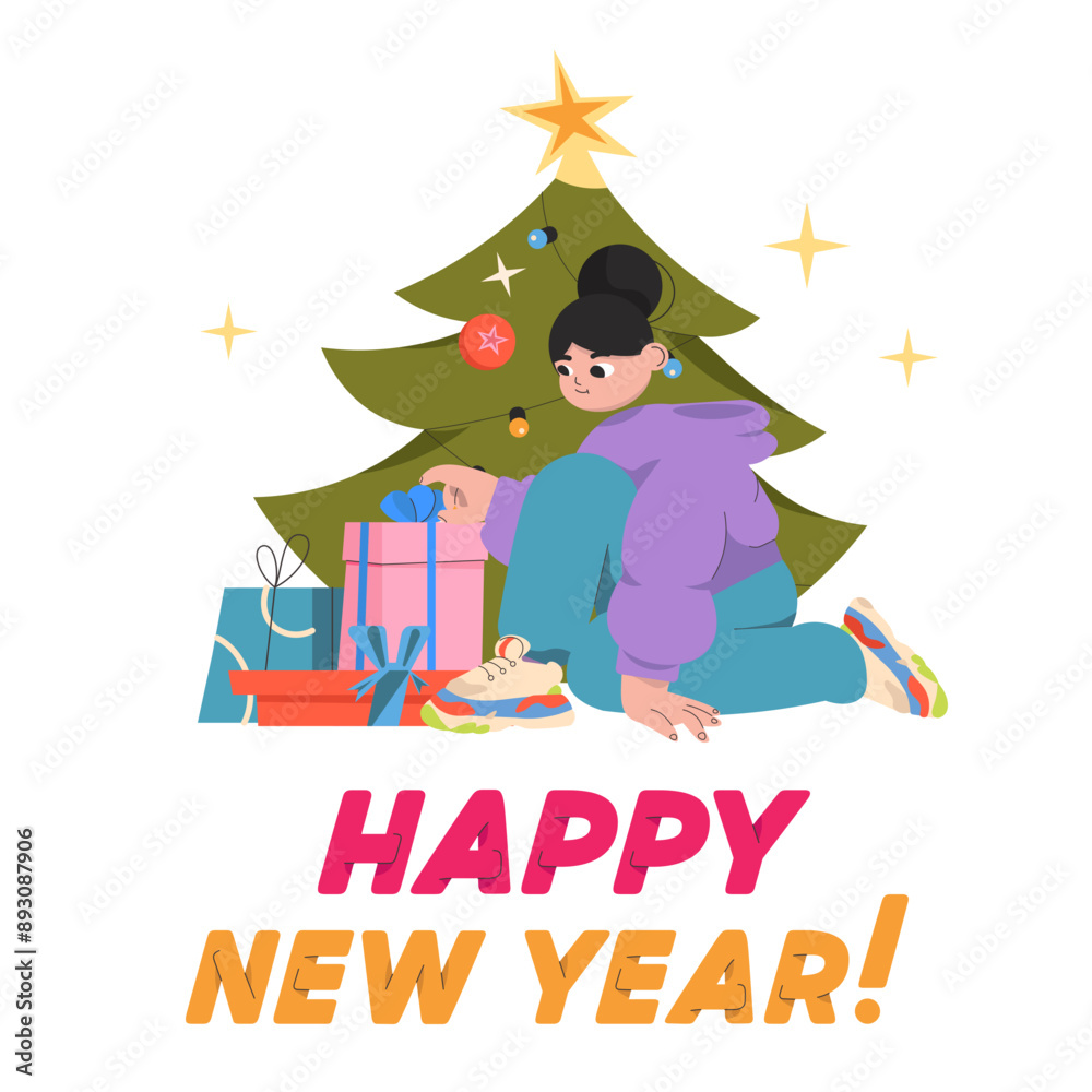 Fototapeta premium Happy New Year text and a girl opens presents next to the Christmas tree