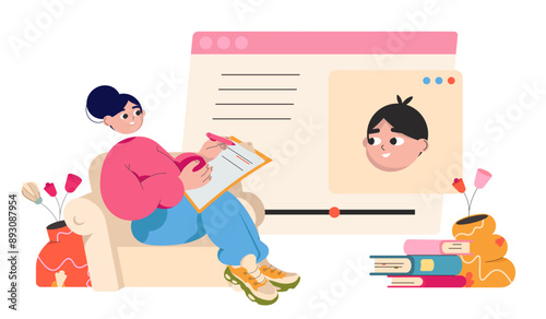 Girl sitting in a chair with a notepad and watching a video lecture