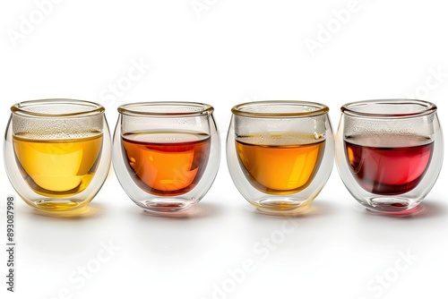 Four doublewalled glasses filled with different colored liquids on a white background photo