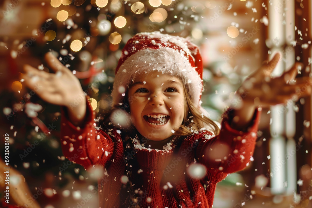 Joyful child in a Santa hat playing with falling snowflakes, with a Christmas tree and lights in the background. Joyful child in a Santa hat playing with falling snowflakes, with a Christmas tree and lights in the background.