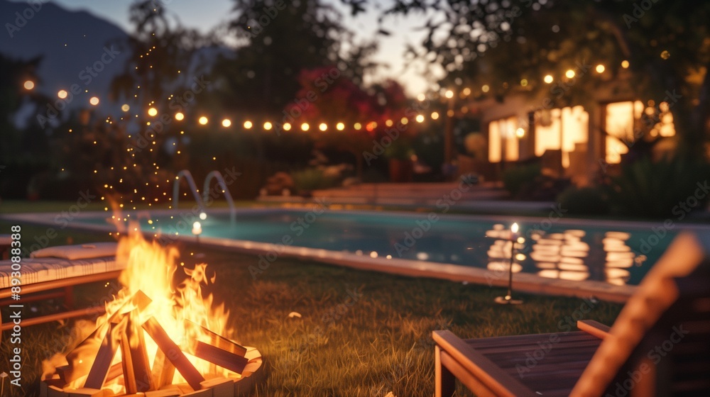 Sophisticated luxury poolside bonfire party featuring wooden pool chairs, a spacious lawn, and twinkling fairy lights for a magical night. Sophisticated luxury poolside bonfire party featuring wooden pool chairs, a spacious lawn, and twinkling fairy lights for a magical night.
