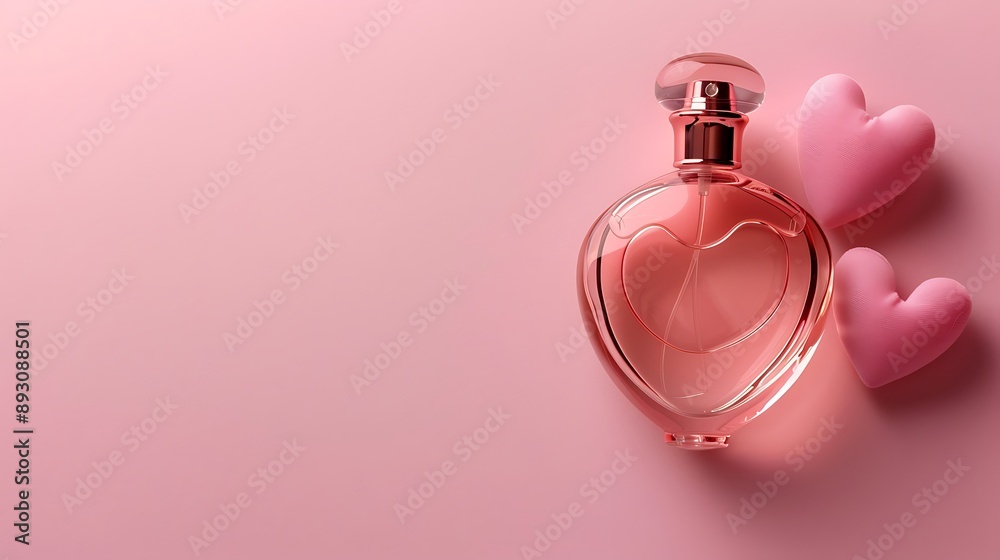 Womens perfume in an original bottle and two pink hearts on a pink background Womens perfume in an original bottle and two pink hearts on a pink background